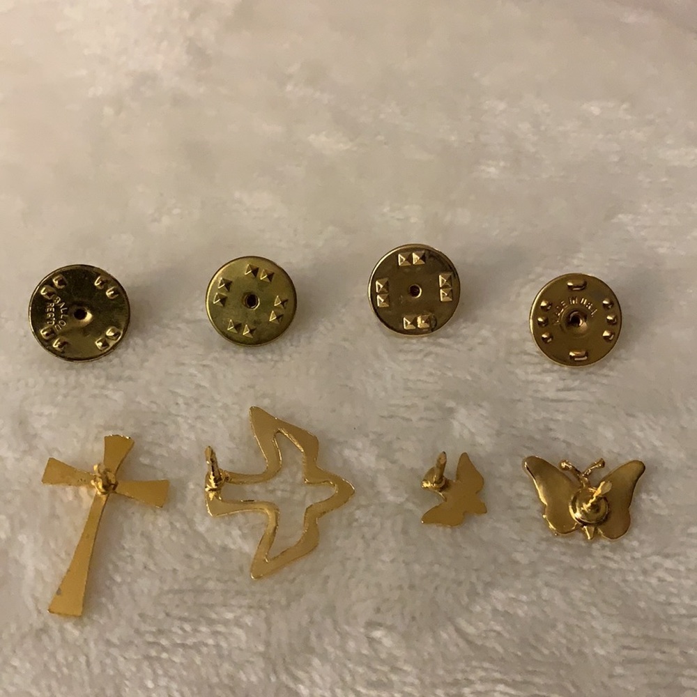 Bundle of 4 pins, cross, dove, small dove, and butterfly. All in gold tones. - Picture 8 of 8